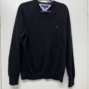 Tommy Hilfiger Sweater Men's Large Black Cotton V-Neck Pullover Logo Long Sleeve